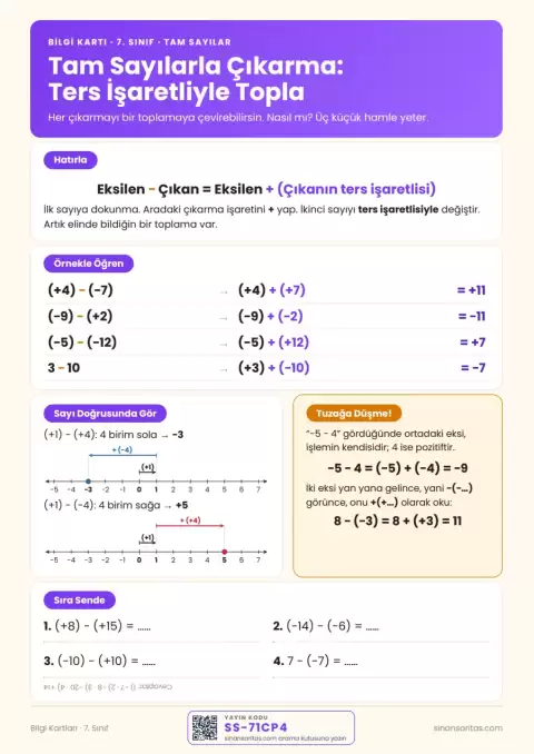 Tam Sayılarla Çıkarma Bilgi Kartı – 7. Sınıf (PDF) 2. sayfa