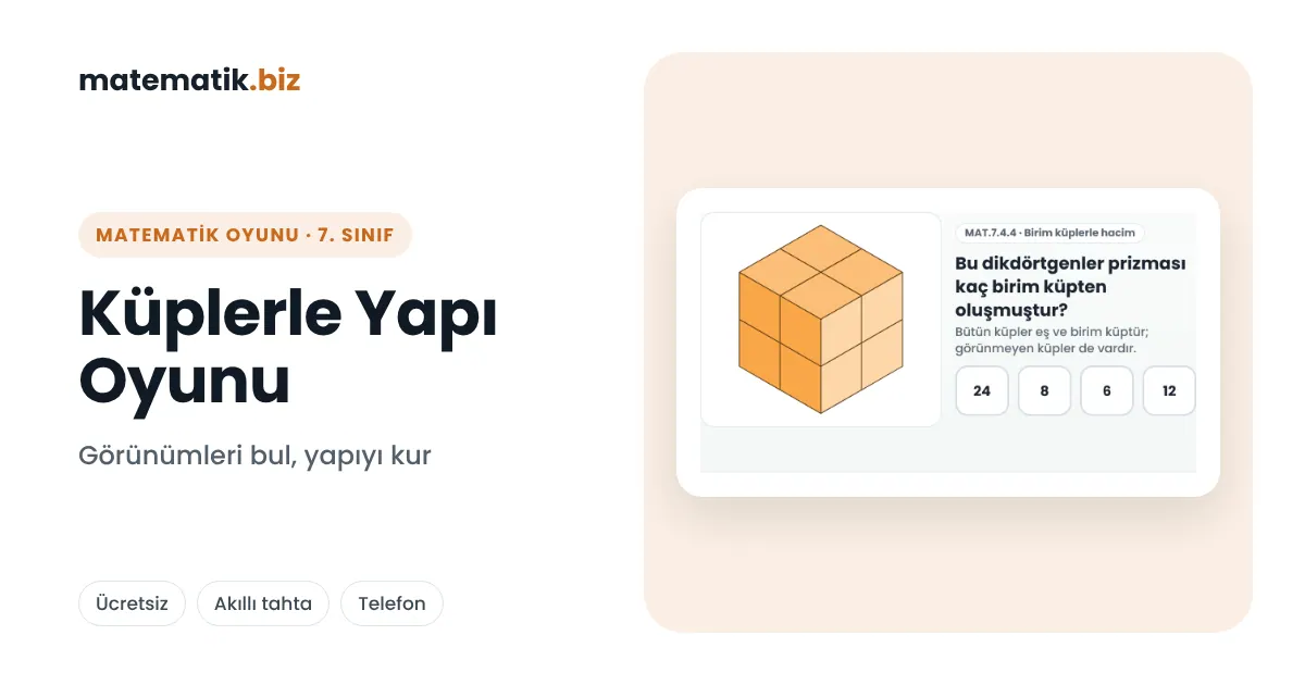 Küp Yapı Görünümleri Oyunu: Önden, Üstten, Yandan Bak; Hacmi Say